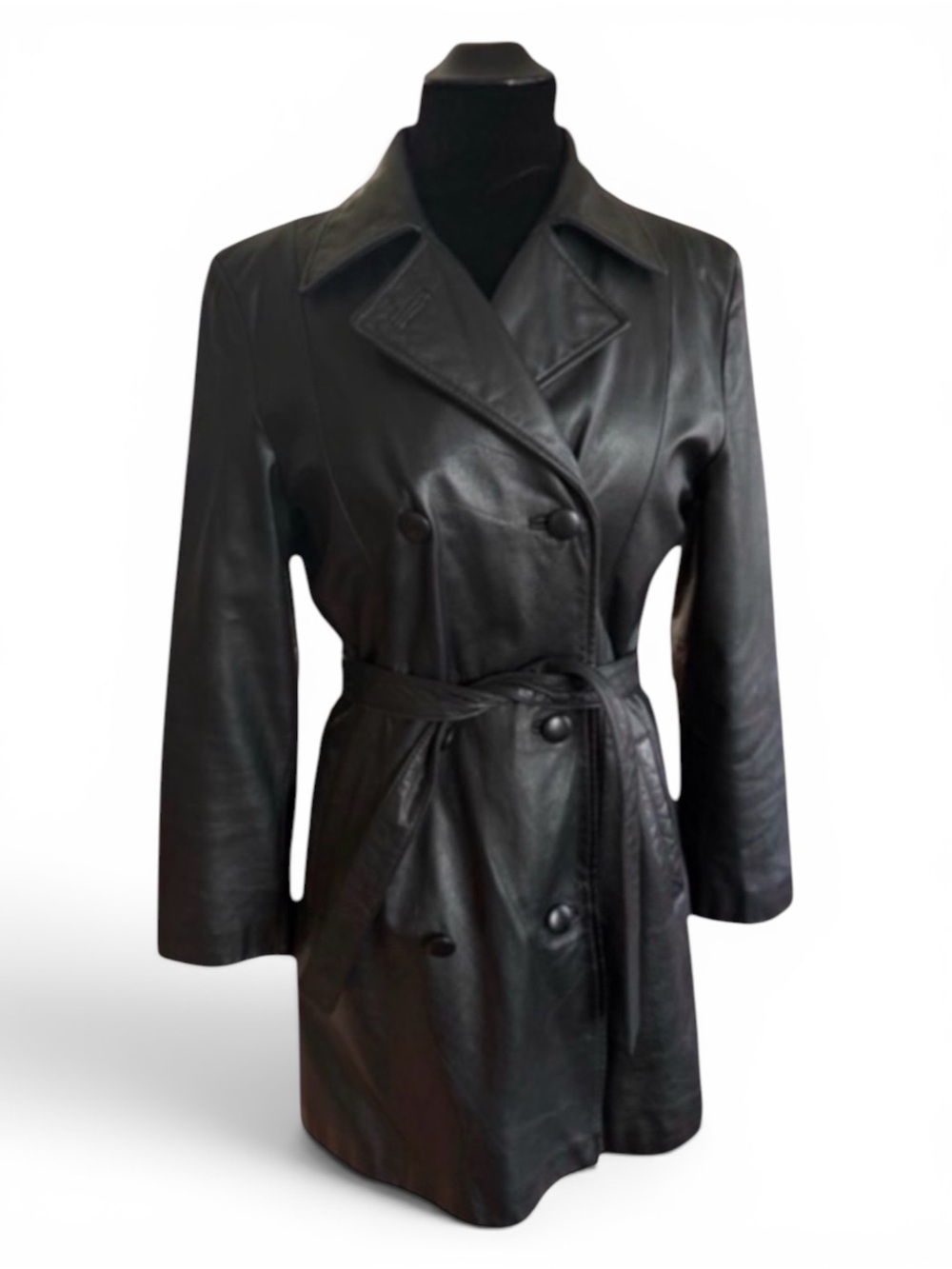 Y2K Genuine Leather Belted Double Breasted Trench Coat